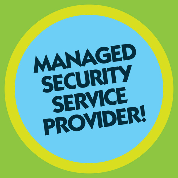 Writing note showing Managed Security Service Provider. Business photo showcasing Safety data technology analysisagement Circle with Border Multi Color Round Shape photo with Empty Text Space. - Photo, Image