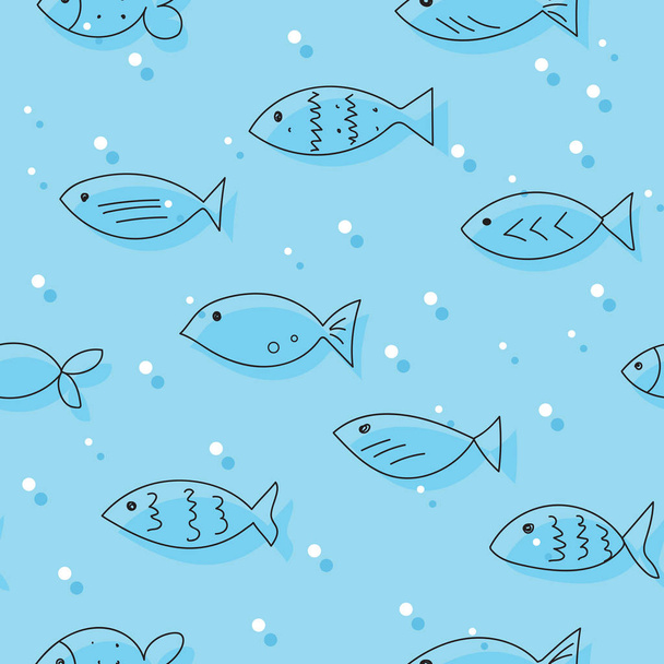 A flock of swimming fish.  Seamless pattern. Hand drawn design - Vector, imagen