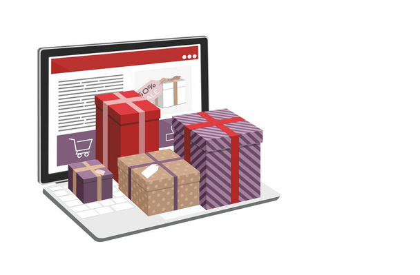 Інтернет-концепція для покупок з ноутбуком та коробкою git
 - Вектор, зображення