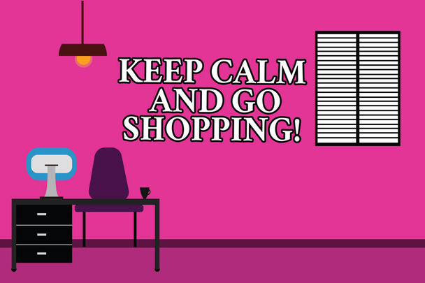 Word writing text Keep Calm And Go Shopping. Business concept for Relax leisure time relaxing by purchasing Work Space Minimalist Interior Computer and Study Area Inside a Room photo. - Photo, Image