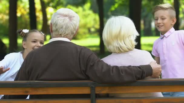 Niño y niña que vienen a los abuelos sentados en el banco en el parque, el día de la familia
 - Metraje, vídeo