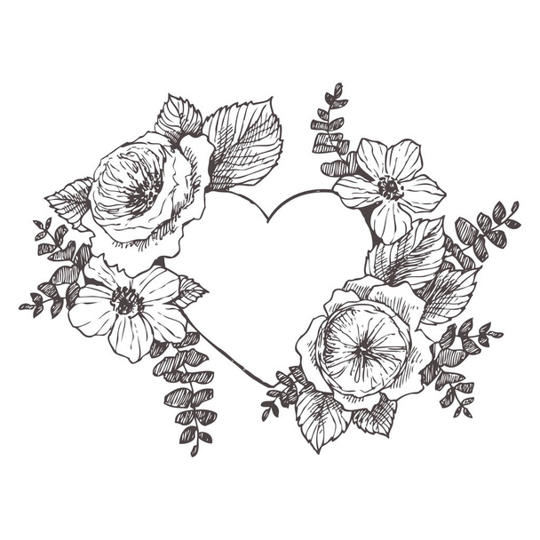 Floral vector design frame with big heart. Linear roses, eucalyptus, berries, leaves. Hand drawn wedding card. Valentines Day concept. Love concept - Wektor, obraz