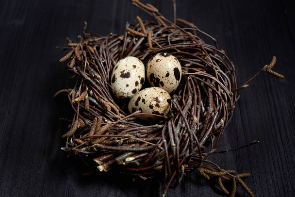Quail eggs in nest on rustic wooden background, copy space. Healthy food concept. Top view, flat lay. Easter eggs. Happy Easter concept - Fotoğraf, Görsel