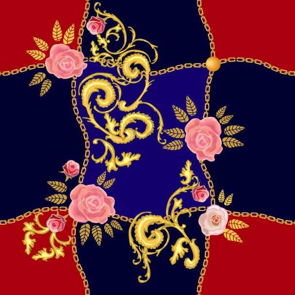 Baroque print. Chains, golden scrolls and roses. - Vector, Image