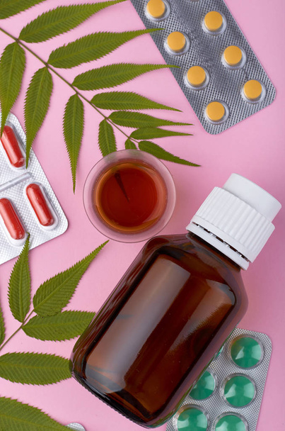 Medicine composition. Pharmacy concept background. Flat lay, top view of festive still life and health. - Foto, Imagen