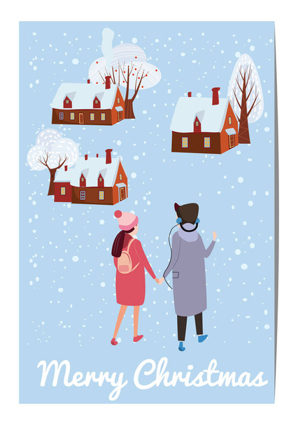 Merry Christmas and Happy New Year, card template with people characters, men and women in winter clothes, trend retro cartoon to style vector, illustration, isolated, banner, template - Vector, Image