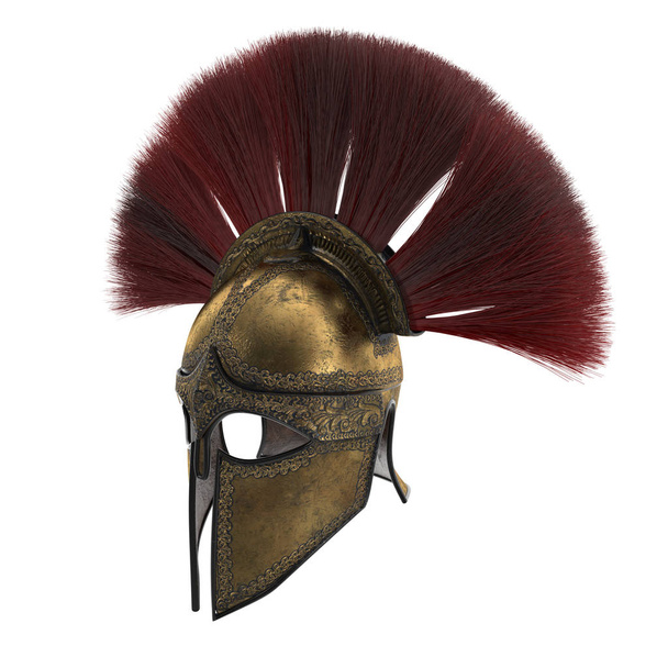 Spartan helmet with plumage on an isolated white background. 3d illustration - Photo, Image