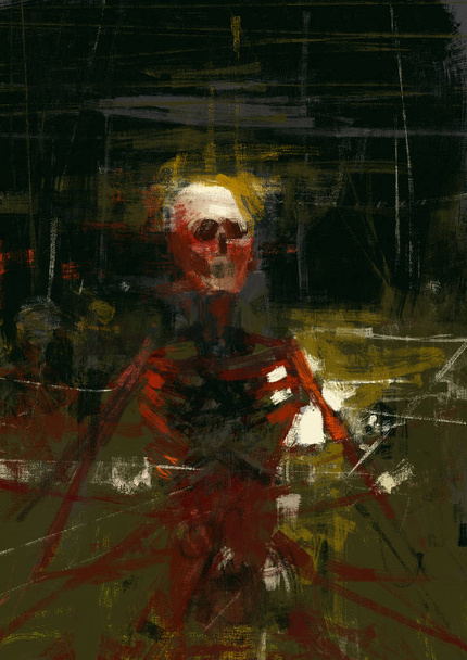 Pintura de esqueleto aterrador cadáver rezando, estilo de pincelada abstracta, ilustración digital
   - Foto, imagen