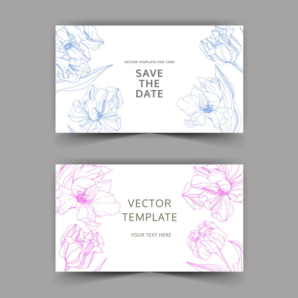 Vector Tulip encre gravée art. Carte de fond de mariage bordure florale. Merci, rsvp, illustration de carte d'invitation
 . - Vecteur, image