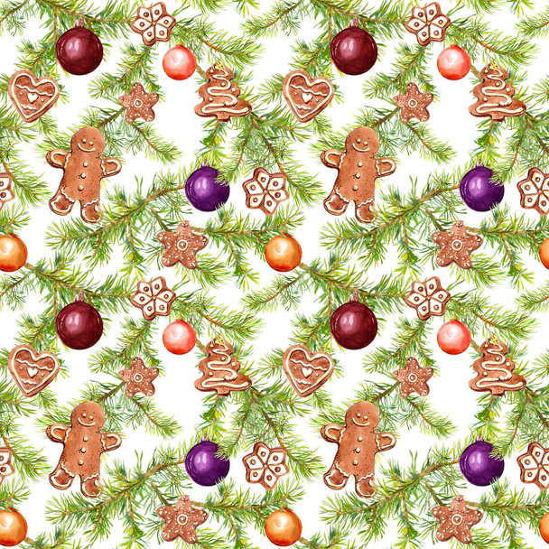 Christmas baubles, ginger bread, conifer tree branches. Seamless pattern for christmas design. Watercolor - Valokuva, kuva