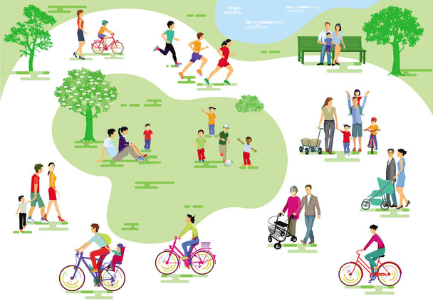 Parque de la ciudad con personas y familias en el ocio, footing y ciclismo - Vector, imagen