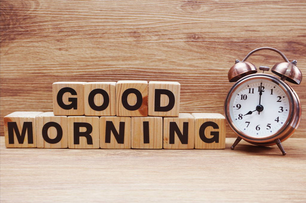 good morning wooden letter alphabet on wooden background - Fotoğraf, Görsel