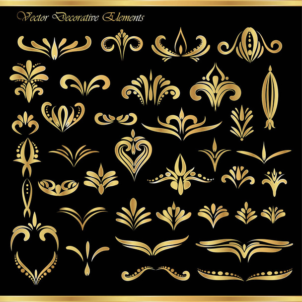 Set of decorative golden elements on black background - Vector, Image