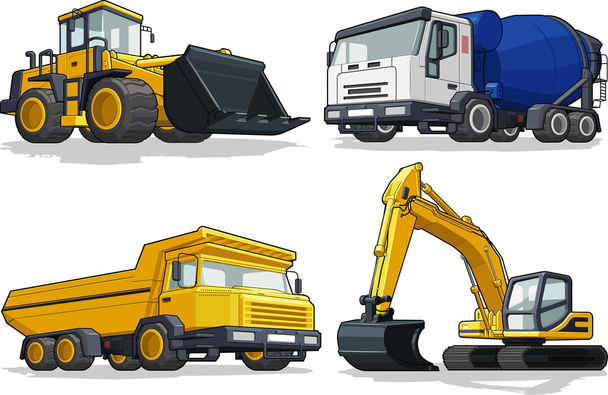 Máquina de construcción Bulldozer, camión de cemento, camión de arrastre y excavadora
 - Vector, imagen