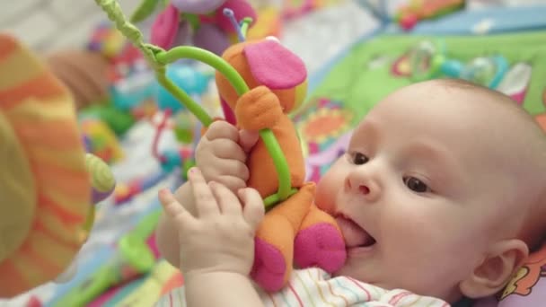 Χαριτωμένο μωρό ροκάνισμα παιχνίδια. Γλυκό πατρότητα. Υπέροχο αγόρι με κουδουνίστρα - Πλάνα, βίντεο