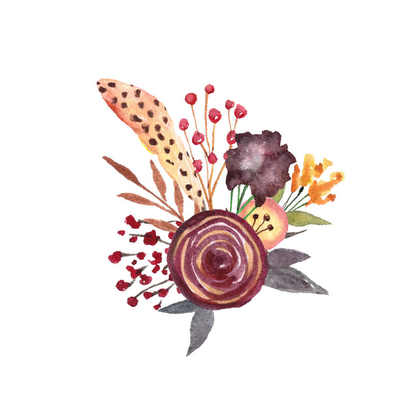 Watercolor floral wreath. Hand painted flowrs. Botanical illustration in boho style. Isolated on white - Фото, зображення