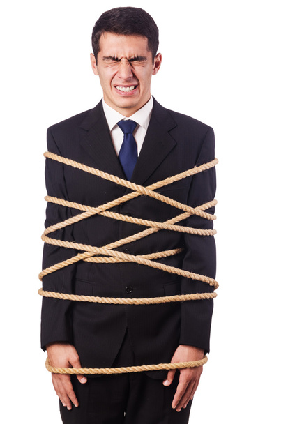 zakenman vastgebonden met touw op wit - Foto, afbeelding