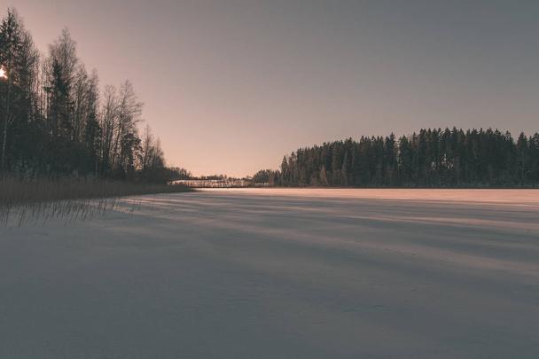  countryside landscape with fields covered with snow and trees at sunset in Latvia - Fotó, kép