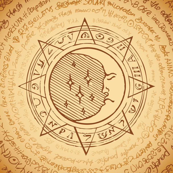 Ilustracja księżyc gwiazda ośmioboczna, z magicznym napisy i symbole na beżowym tle. Transparent wektor z starego rękopisu w stylu retro, napisane w kręgu. - Wektor, obraz