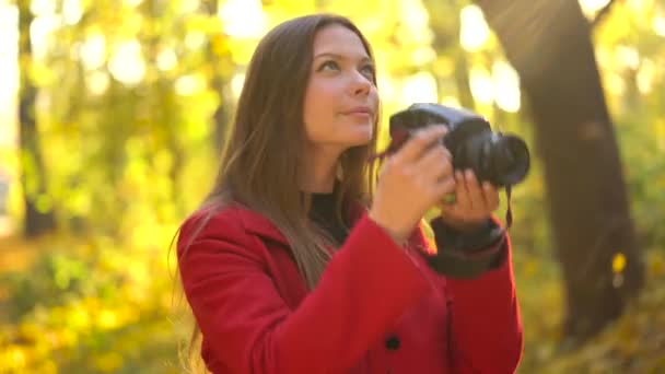 Menina bonita com uma câmera caminha pela floresta de outono e tira fotos. Fim de semana fora da cidade
 - Filmagem, Vídeo