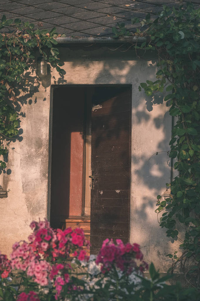 casa velha do campo de madeira com flores florescendo no verão
 - Foto, Imagem