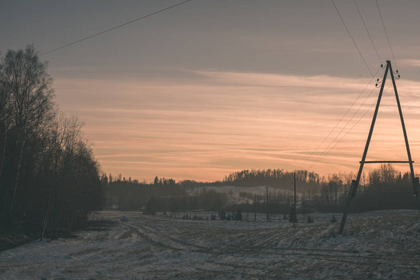  countryside landscape with fields covered with snow and trees at sunset in Latvia - Foto, imagen