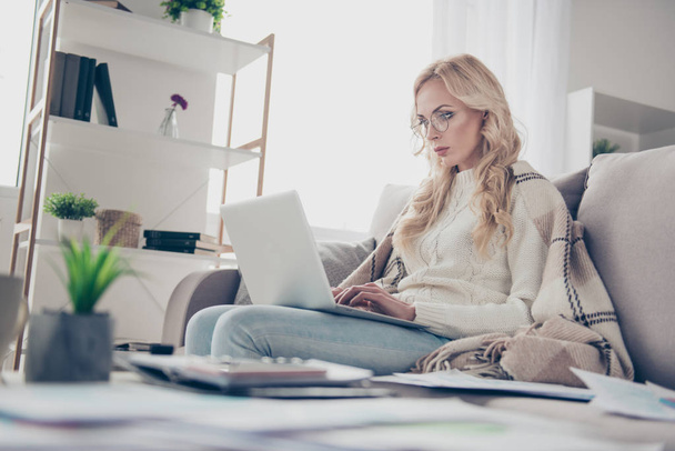 Low below angle view of nice attractive intelligent serious minded wavy-haired lady in sweater eyeglasses eyewear sitting on divan working remotely typing letter email in light interior room - Photo, Image