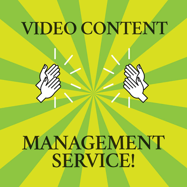 Word pisanie tekstu Video Content Management Service. Koncepcja biznesowa dla marketingu, reklamy optymalizacji strategii analizy rysunku Hu klaskanie ręce z ikona dźwięku na dwóch Tone Sunburst. - Zdjęcie, obraz