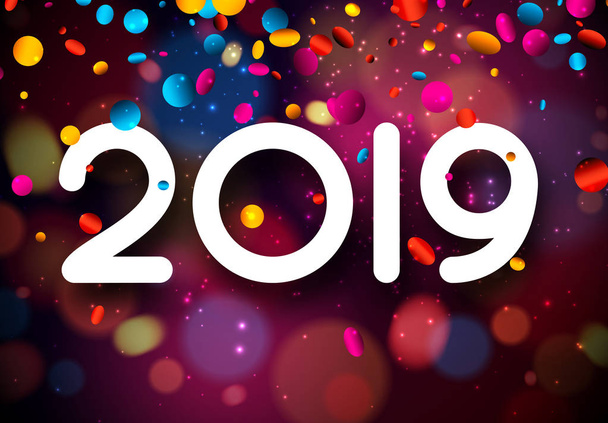 Happy New Year 2019 card with shiny colorful confetti. - Vector, imagen
