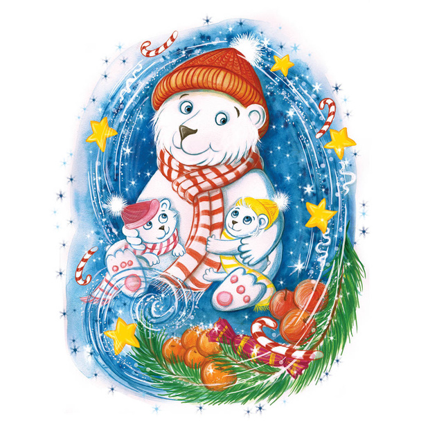 Uudenvuoden jääkarhun vesiväripiirustus, jossa on lämpimät värikkäät hatut, joulukuusi, appelsiinit ja makeiset, lumi lentää ympäriinsä ja tähdet loistavat taivaalla, tulosta, perhelomaa, joulua perheessä, rakkautta, sinisellä pussilla.
 - Valokuva, kuva