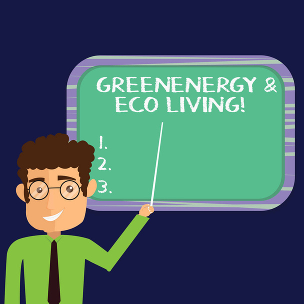 Rukopis textu zelené energie a ekologické bydlení. Pojetí znamená prostředí ochranu recyklace, opakované použití, muž stojící drží Stick ukazující na zeď namontované prázdné Barva desky. - Fotografie, Obrázek