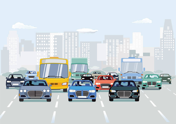Verkeer op de weg met auto's op stedelijke straat - Vector, afbeelding