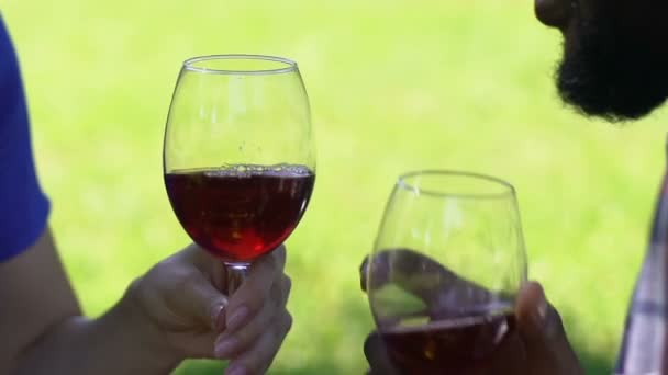 Afro-americano masculino y caucásico mujer bebiendo vino tinto juntos en parque
 - Metraje, vídeo