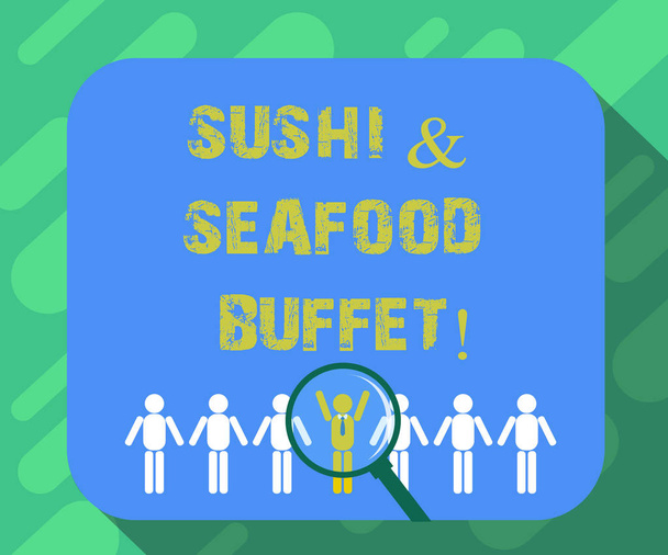 Koncepcyjne w zapasie pismo, Wyświetlono Sushi i owoce morza w formie bufetu. Biznesowe zdjęcie tekst japoński jedzenie ryb dania dostępne dla wybierz analizy lupy nad wybranym Man Hu manekiny Line Up. - Zdjęcie, obraz