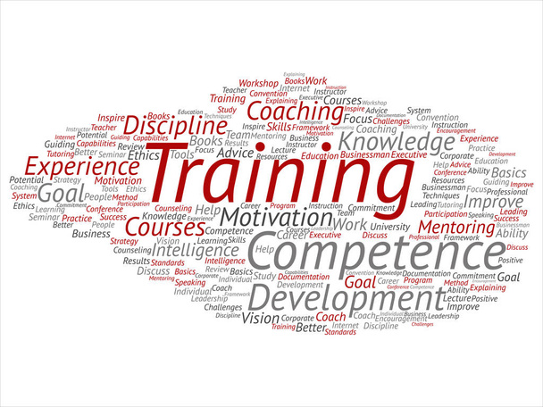 Wektor koncepcja lub koncepcyjne szkoleń, coachingu lub uczenia się, studiować słowo cloud na białym tle na tle. Kolaż mentoring, rozwoju, motywacji, umiejętności, kariery, potencjalne cele lub kompetencji tekstu - Wektor, obraz