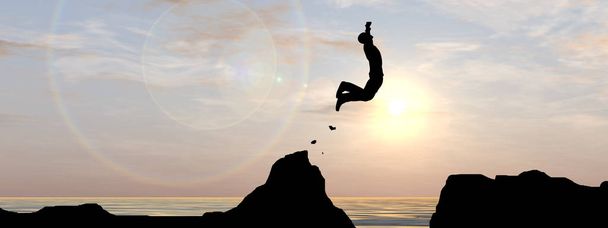 Käsitteellinen tai käsitteellinen 3D-kuva nuori mies tai liikemies siluetti hypätä onnellinen kalliolta yli veden kuilu auringonlasku tai auringonnousu taivas tausta banneri
 - Valokuva, kuva