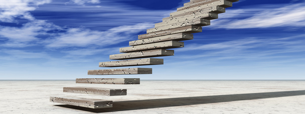Концепция или концептуальная 3D иллюстрация лестницы на небо на фоне неба в пустыне с облачным баннером
 - Фото, изображение