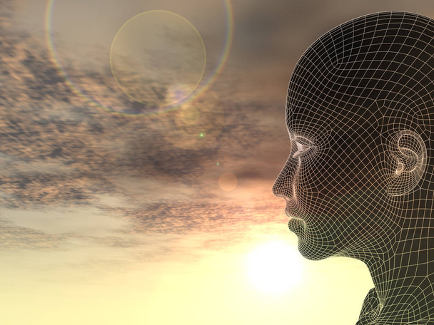 Konzept oder konzeptionelle 3D-Illustration abstrakte Drahtgitter junge Menschen weiblichen oder weiblichen Kopf, Sonnenuntergang Himmel Hintergrund - Foto, Bild