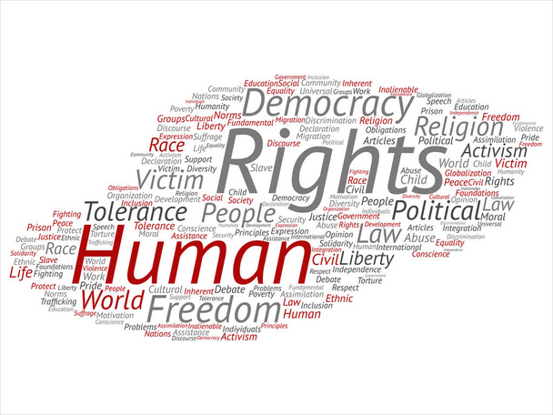 Koncepce nebo konceptuální lidská práva politické svobody, demokracie abstraktní slovo mrak, samostatný pozadí. Koláž z lidstvo světa tolerance, principy práva, lidé spravedlnosti diskriminace text - Fotografie, Obrázek