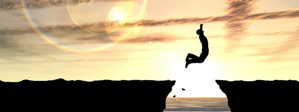 Concepto o ilustración conceptual 3D joven hombre o hombre de negocios silueta salto feliz desde el acantilado sobre la brecha de agua puesta de sol o amanecer cielo fondo bandera
 - Foto, imagen
