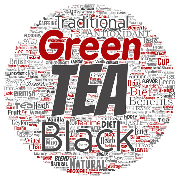 Vektor fogalmi zöld vagy fekete tea ital kultúra kerek piros kör természetes ízét, íze különböző szó felhő elszigetelt háttér. Kollázs a hagyományos orvoslás egészségügyi étrend javára koncepcióterv - Vektor, kép