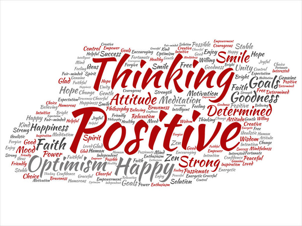 Concepto, pensamiento positivo conceptual, feliz fuerte actitud abstracta palabra nube aislada en el fondo. Collage de optimismo sonrisa, fe, metas valientes, bondad, felicidad inspiración texto
 - Foto, Imagen