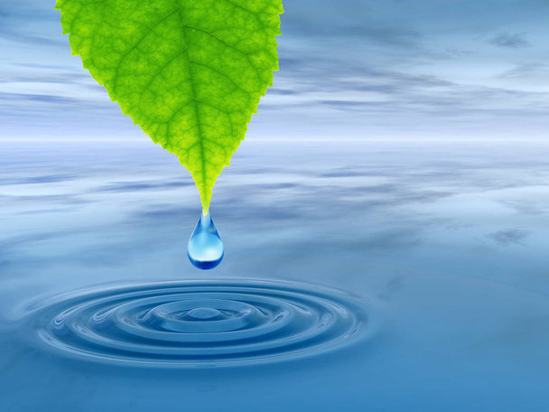 Concepto o conceptual agua de manantial limpia o gota de rocío que cae de una hoja verde fresca en la ilustración 3D agua azul clara haciendo olas
 - Foto, imagen