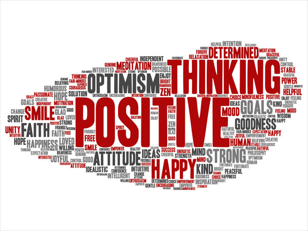 Vektor-Konzept, konzeptionelles positives Denken, glückliche starke Haltung abstrakte Wortwolke isoliert auf dem Hintergrund. Collage aus Optimismus Lächeln, Glaube, mutigen Zielen, Güte, Glück Inspiration Text - Vektor, Bild