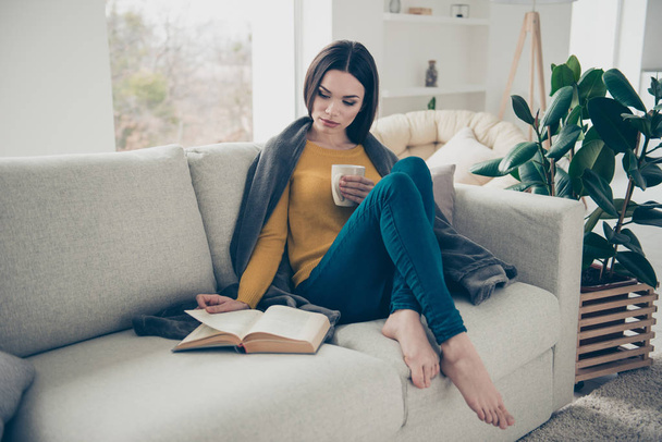 Portrait of nice attractive lovely adorable straight-haired girl wrapped in soft veil cover blanket in jeans denim sitting barefoot on divan with book poems love stories in light interior room - Foto, imagen