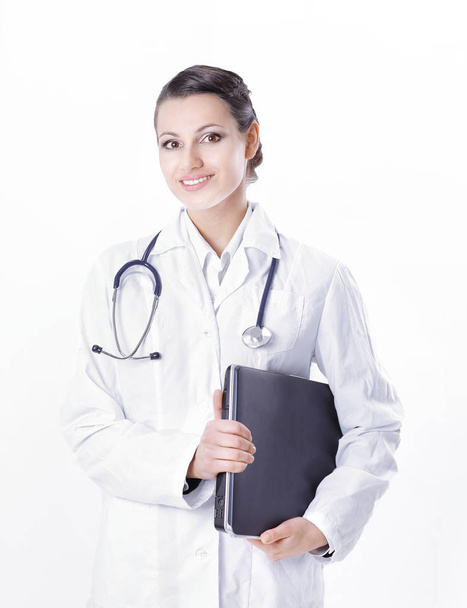 successful female doctor with a laptop .isolated on white - Valokuva, kuva
