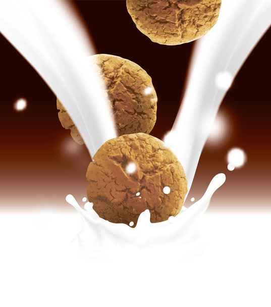 Στρογγυλό καφέ cookies που εμπίπτουν σε λευκό χύνοντας γάλα. Ρεαλιστική διανυσματικά εικονογράφηση με φόντο θολή χρώμα σοκολάτας με πιτσιλιές και σταγόνες. - Διάνυσμα, εικόνα