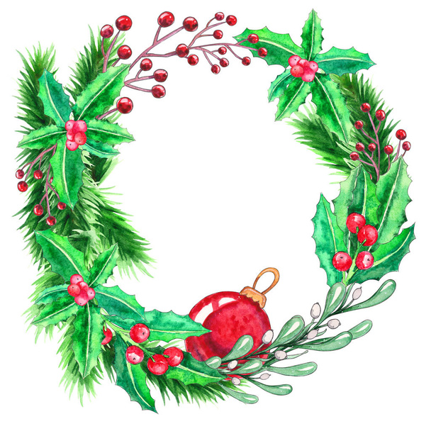 Corona de decoración de saludo floral de colores acuarela con muérdago aislado sobre fondo blanco. Feliz año nuevo tarjeta, símbolo de vacaciones para el diseño, prin
 - Foto, Imagen