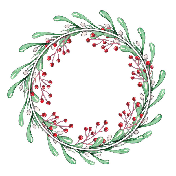 Aquarell bunt florale Grußdekoration Kranz mit Mistel isoliert auf weißem Hintergrund. frohes neues Jahr Karte, Feiertagssymbol für Design, Prin - Foto, Bild