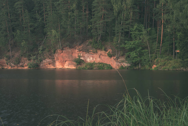 sandstone cliffs on shores of river Amata and green woods, Latvia - Foto, imagen